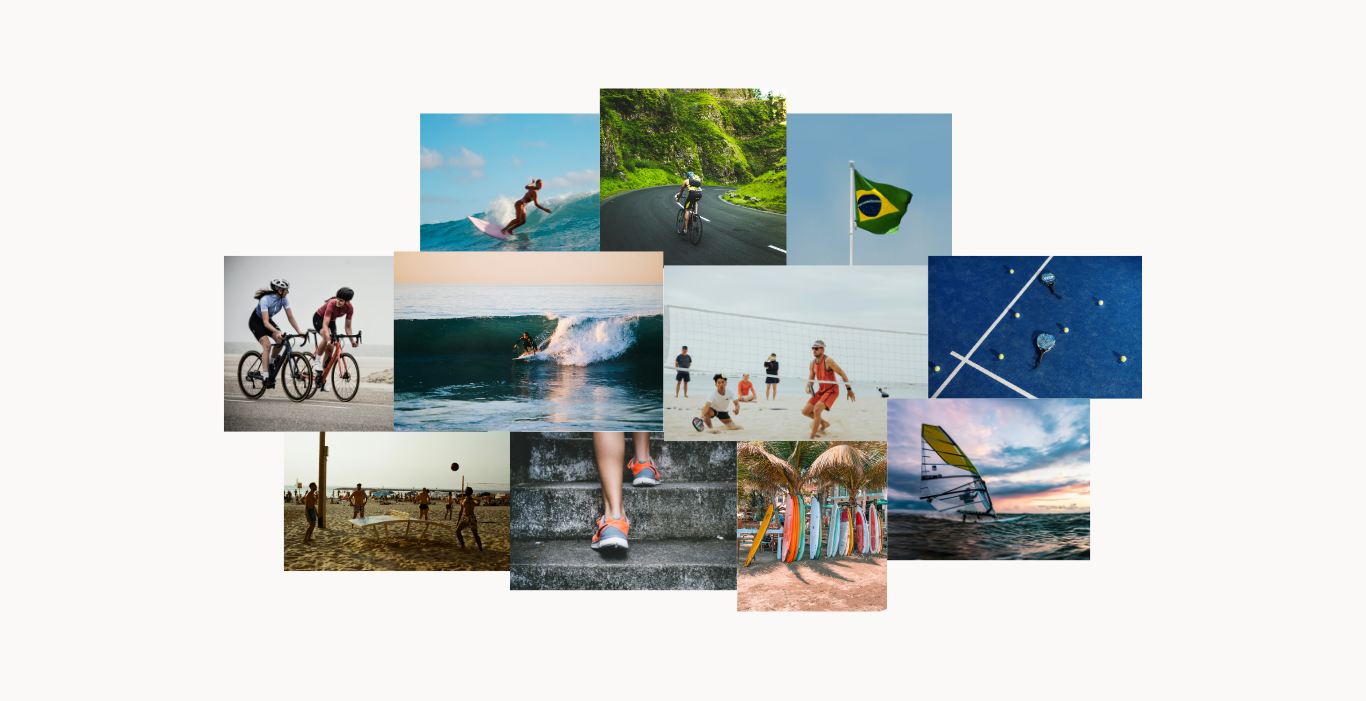 Colagem de esportes costeiros incluindo surf, ciclismo, beach tennis, padel, corrida e windsurf no Brasil